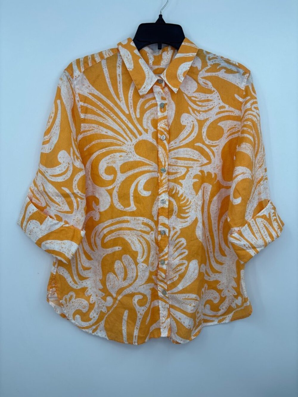 Chico's Linen Button Blouse Shirt 3/4 Sleeve Top Orange White Size 2.5 (14)